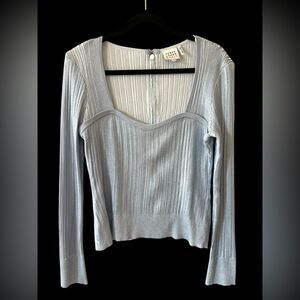 Herve Leger Metallic Ribbed Knit Long Sleeve Top XL – Silver Blue